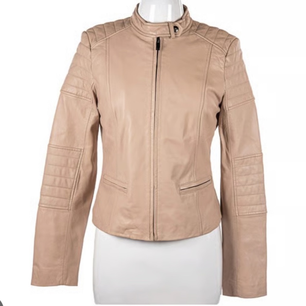 Banana Republic Quilted Blush Pink Lamb Leather Moto Jacket Size Medium Women’s